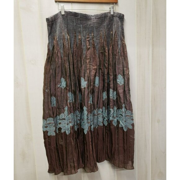 Coldwater Creek XL Crinkle Boho Maxi Skirt Brown w Blue Floral Design Stretch - Picture 1 of 8